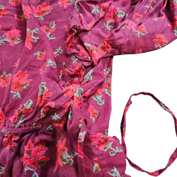 Floral Wrap Ruffle Blouse V-Neck Long Sleeve Sheer Tie Waist Women's Top Size S - Picture 6 of 14